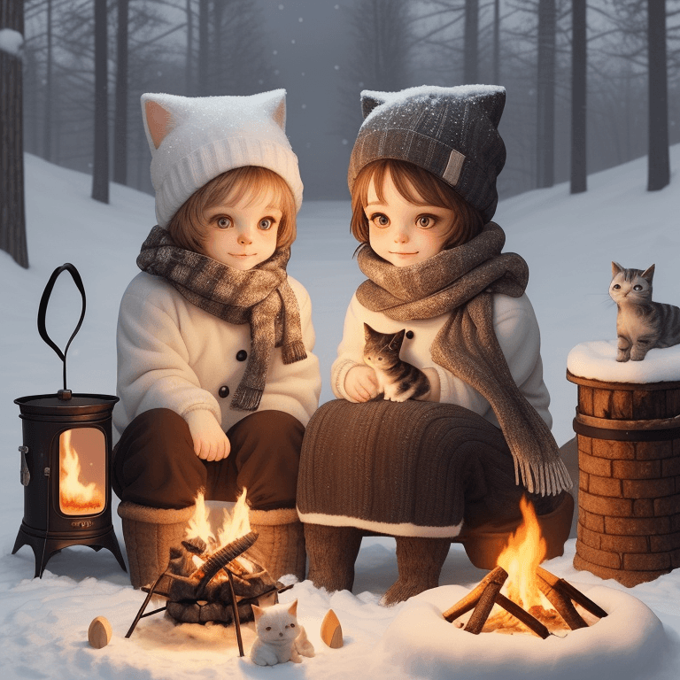 AI generated: A cute kitten and a small puppy with big, adorable eyes, sitting together by a campfire in the snow,...