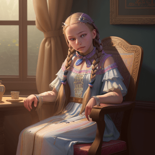 AI generated: a young girl with long braids sitting in a chair, a Muvie
realistic painting by Victor Nizovtsev, cg...
