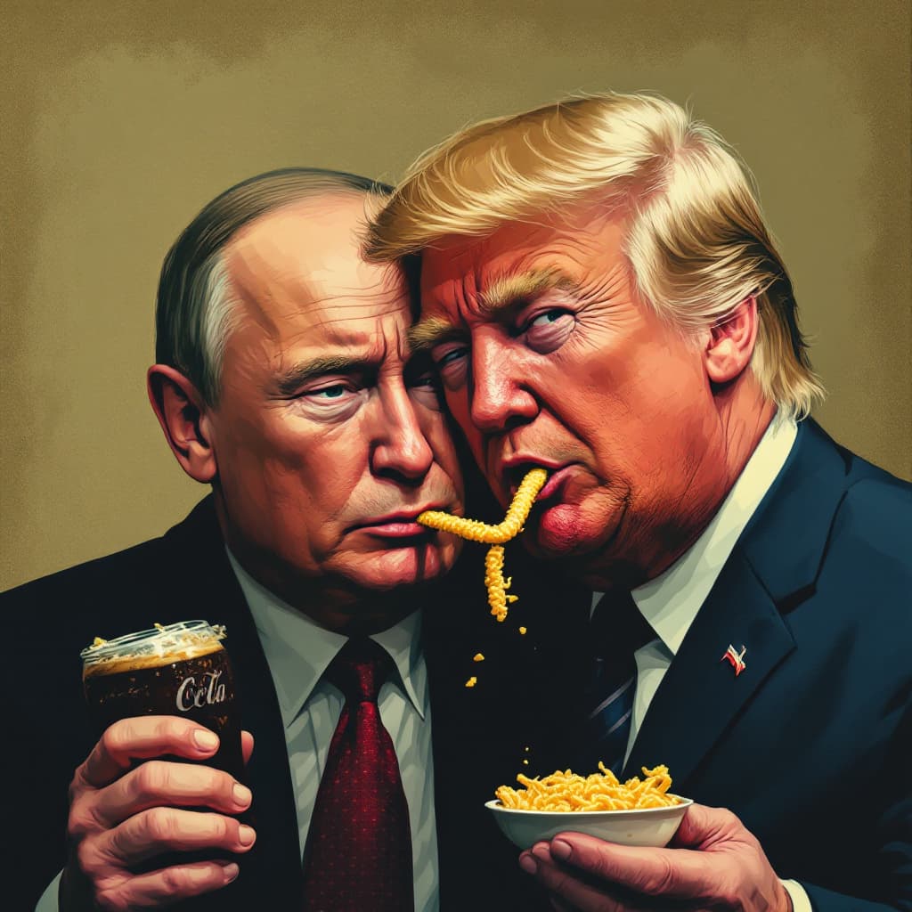 AI generated: Stylized portrait of a Putin with Donald trump drinking Cocacola and eatind noddle's confident expre...