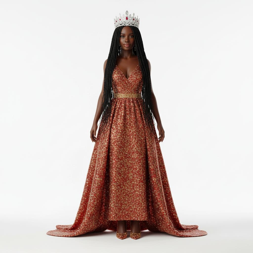 AI generated: A regal African American winter queen stands gracefully against a pristine white background. She has...