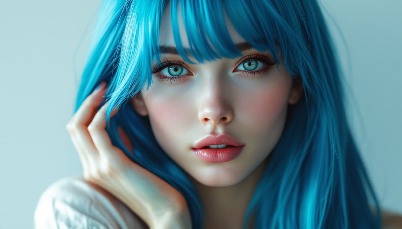 AI generated: Photo of a ultra realistic woman , long straight blue hair, gorgeous, attractive, flirting, (((full ...