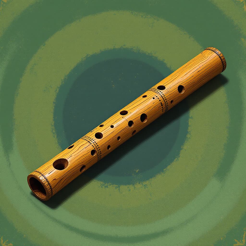 AI generated: a single peruvian wooden flute in a Hyperralistic indie movie poster in Kamchakta