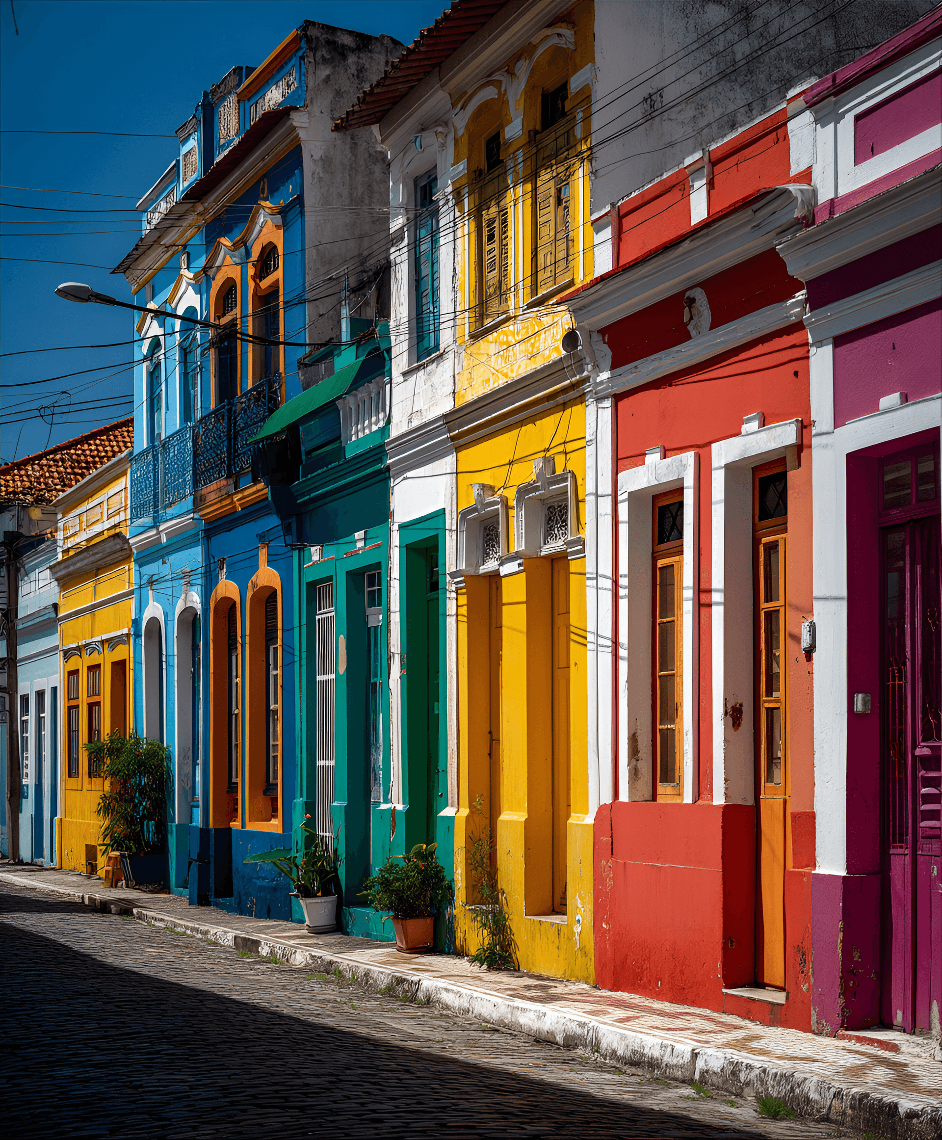 AI generated: Colonialera Portuguese houses in Olinda, Brazil, colorful facades, high windows, narrow streets, tro...