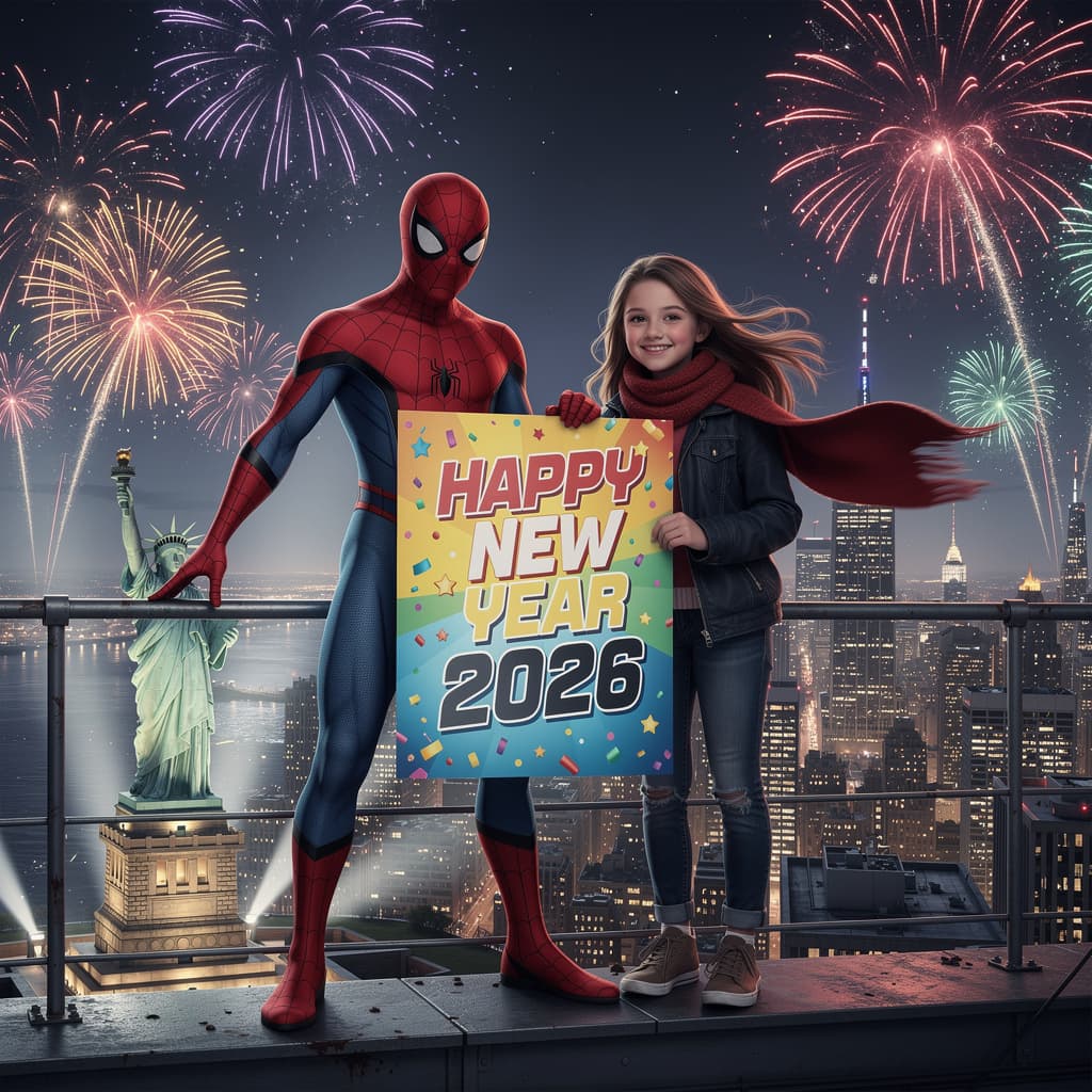 AI generated: Spiderman standing next to a girl above the staute of liberty, holding the happy new year 2026 poste...