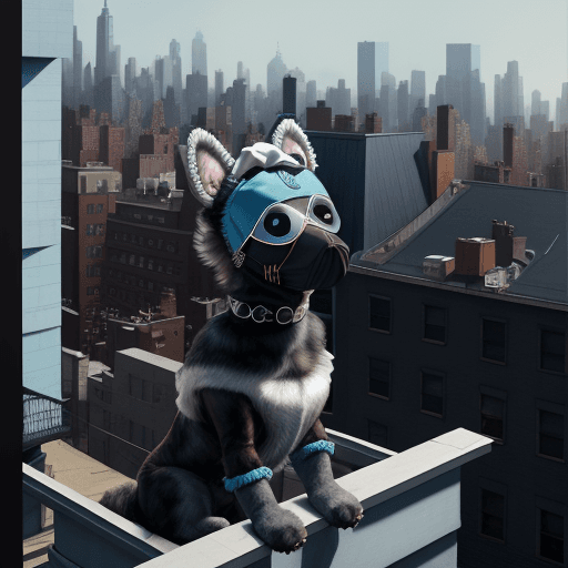 AI generated: a realistic dog wearing a black face mask, sitting on top of a grey building looking down on a small...