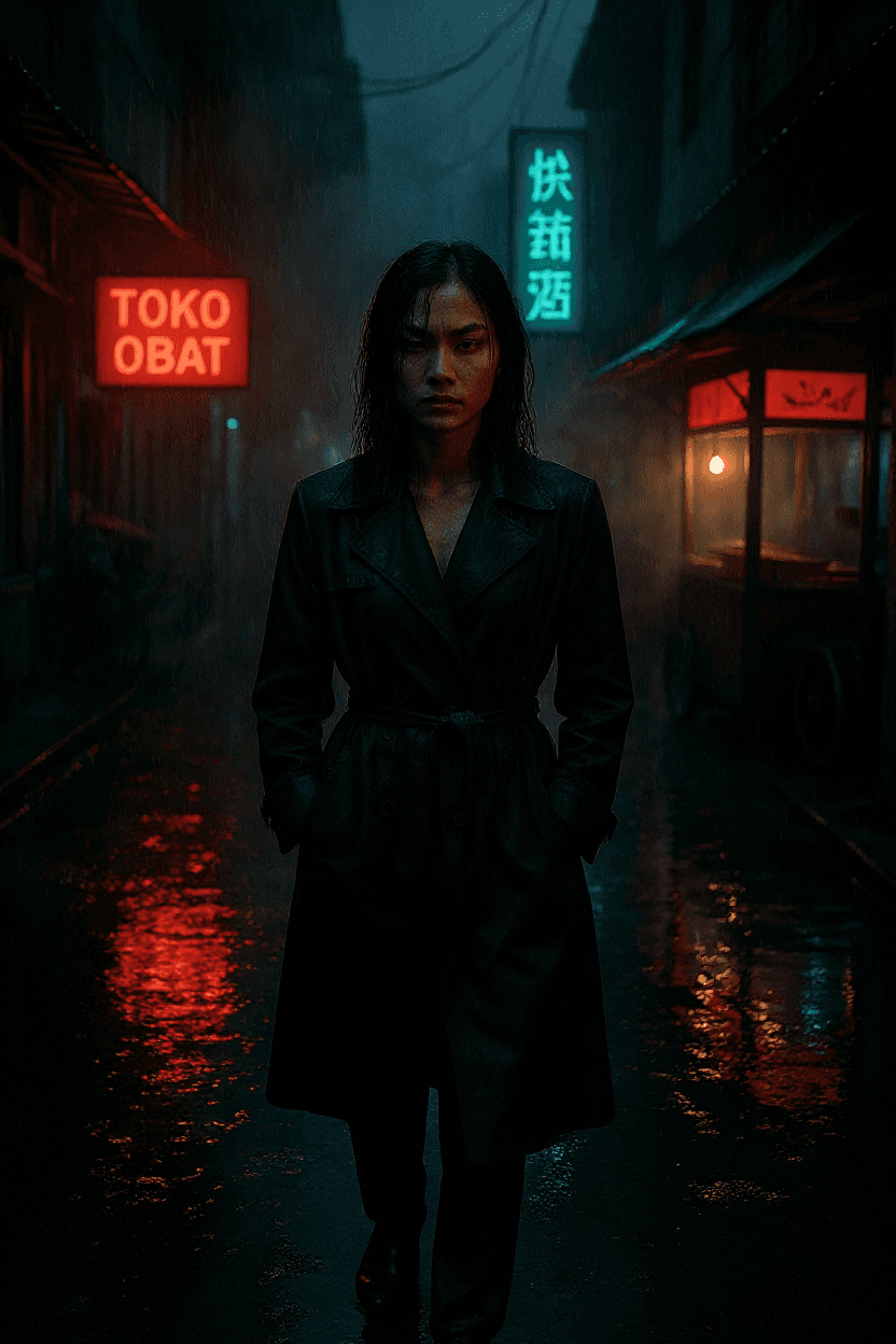 AI generated: mysterious Southeast Bi-Racial man walking alone down a narrow rain-soaked Jakarta alley at night, b...