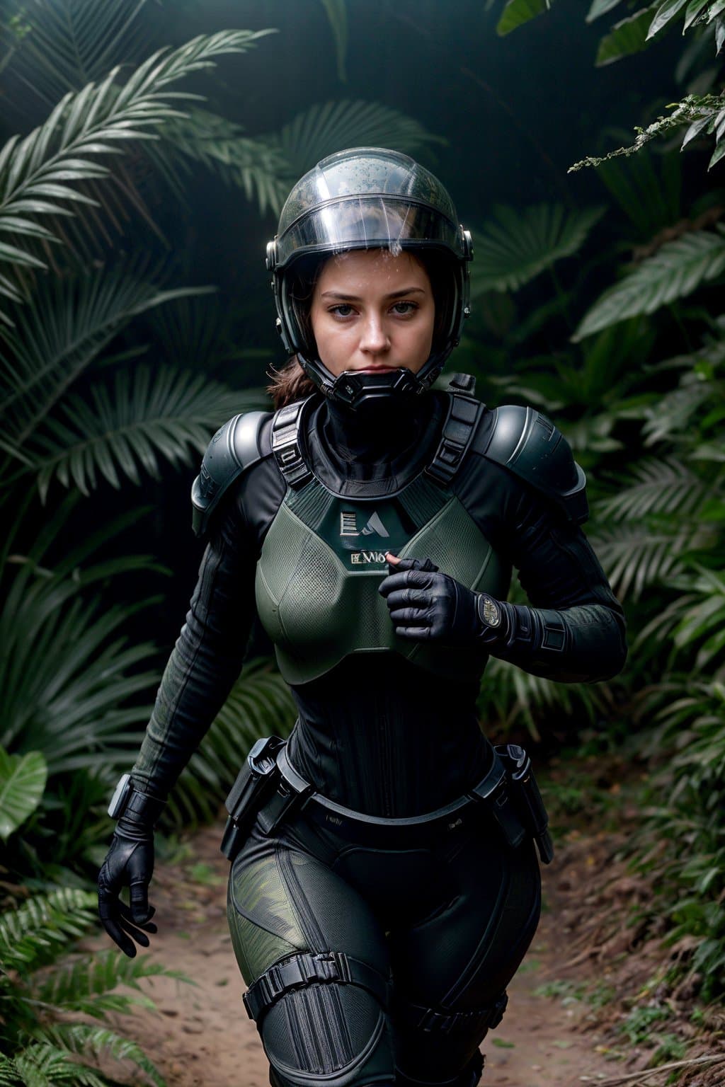 AI generated: Highly detailed cinematic film still, Hip level shot, of (fit female soldier, wearing high-tech blac...