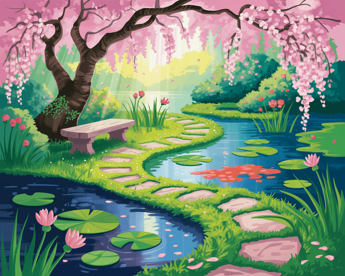 AI generated: beautiful garden filled with flowers and small ponds