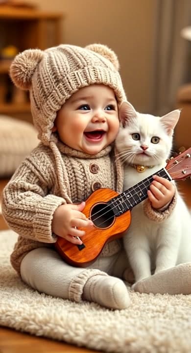 AI generated video: baby boy play guitar and fart cat jump and then hug baby funny video
