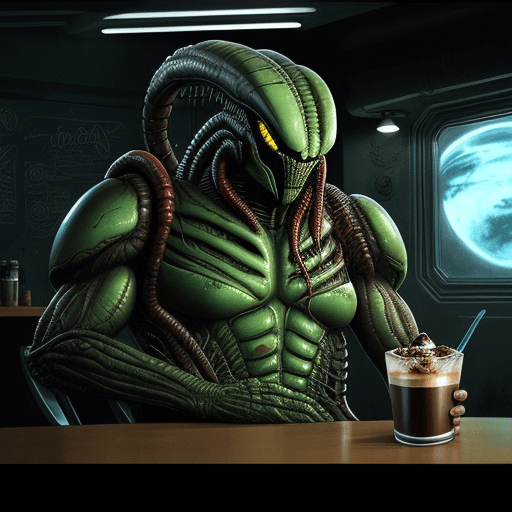 AI generated: Coffee Shop in Space, predator drinking coffee and alien drinking coctail, movie AVP: Alien vs. Pred...