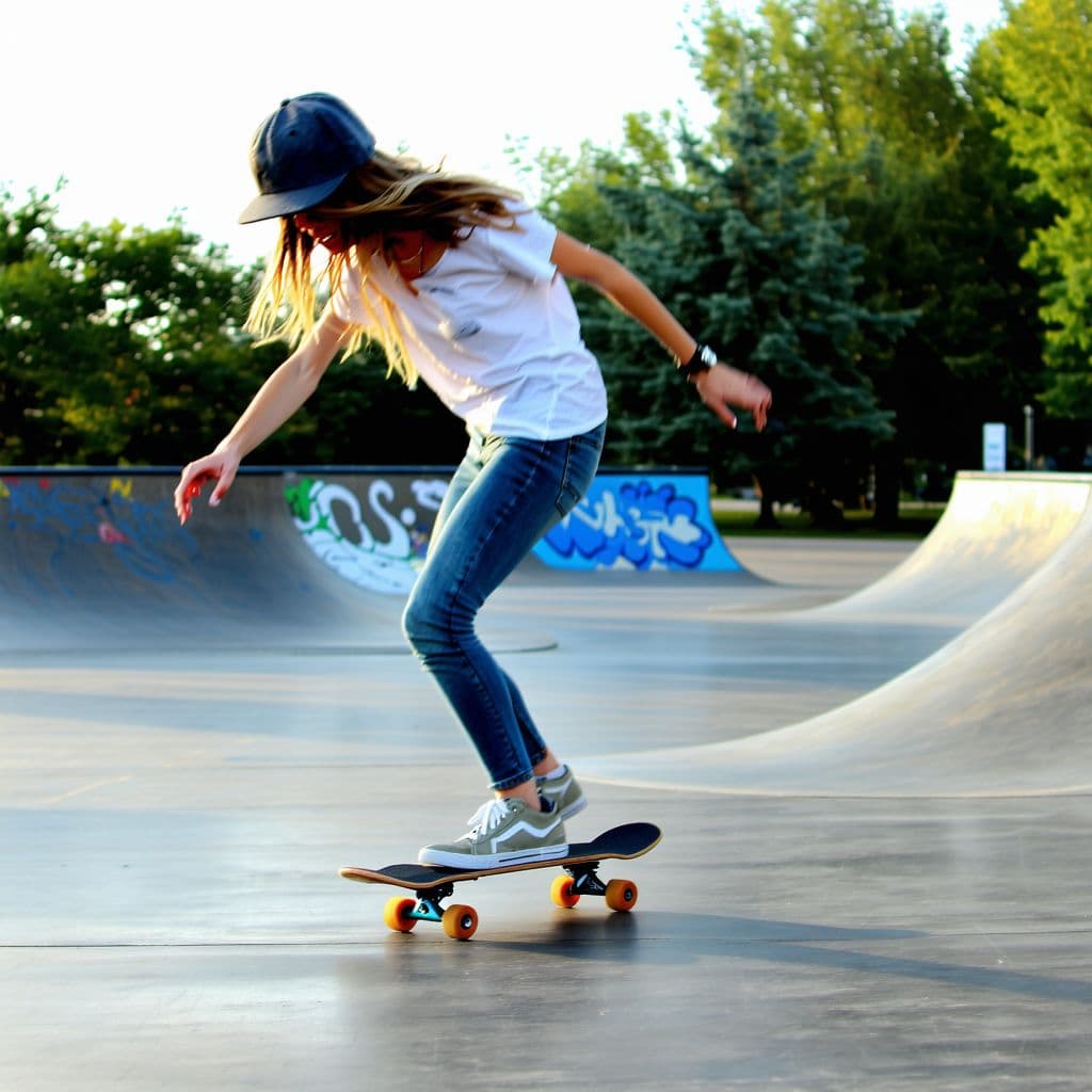 AI generated: Mother Nature riding a skateboard at a skate park