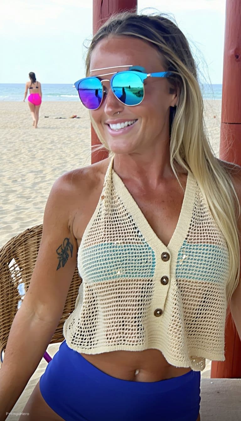 AI generated: Change her clothe into triangle bikini 