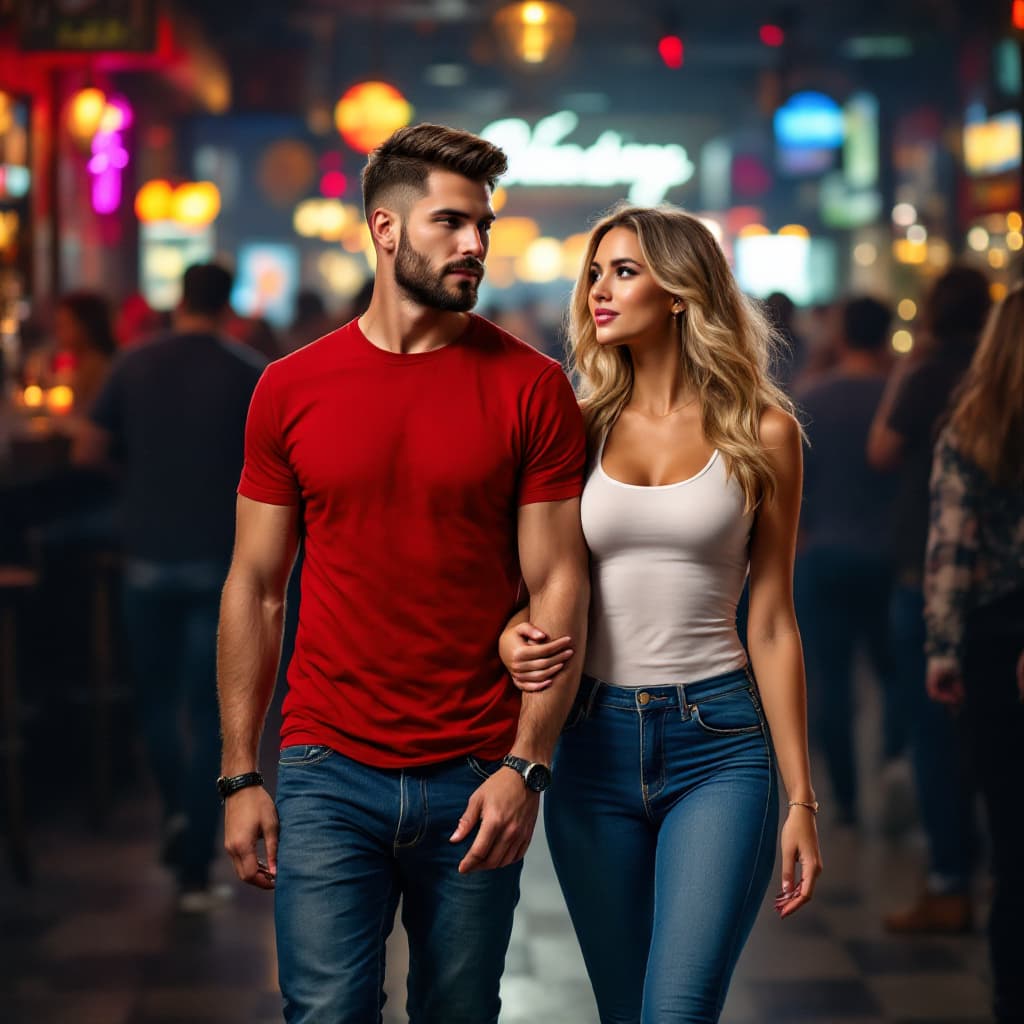 AI generated: A beautiful couple (Ana and Mike) walking in a crowded local bar. Mike (handsome man, fashion model,...