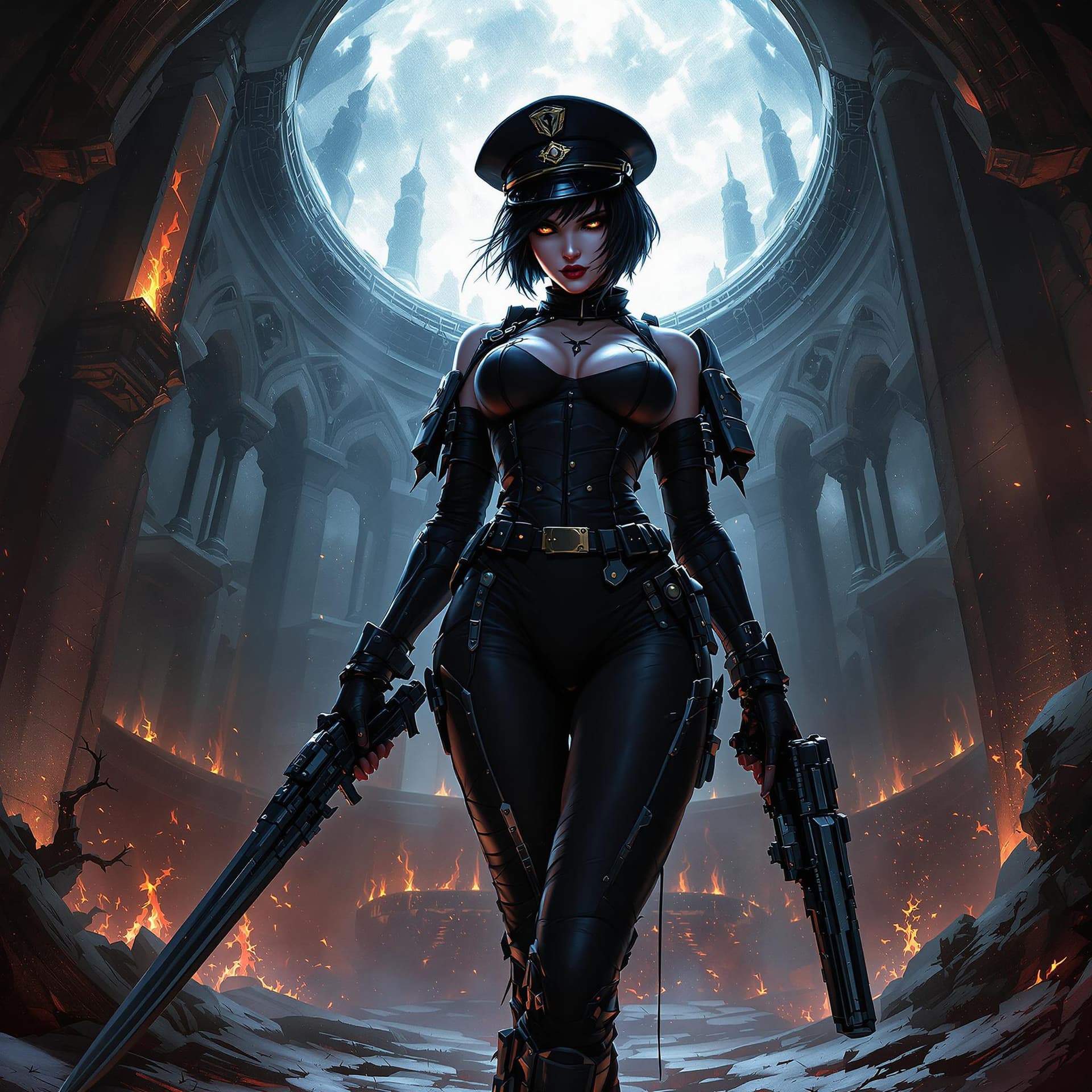 AI generated: artwork in the grimdark style of warhammer 40k of a sexy female comissar, standing infront a gothic ...