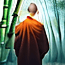 AI generated: A mystical scene featuring a monk standing before a Shaolin Monastery backdrop. bamboo trees
