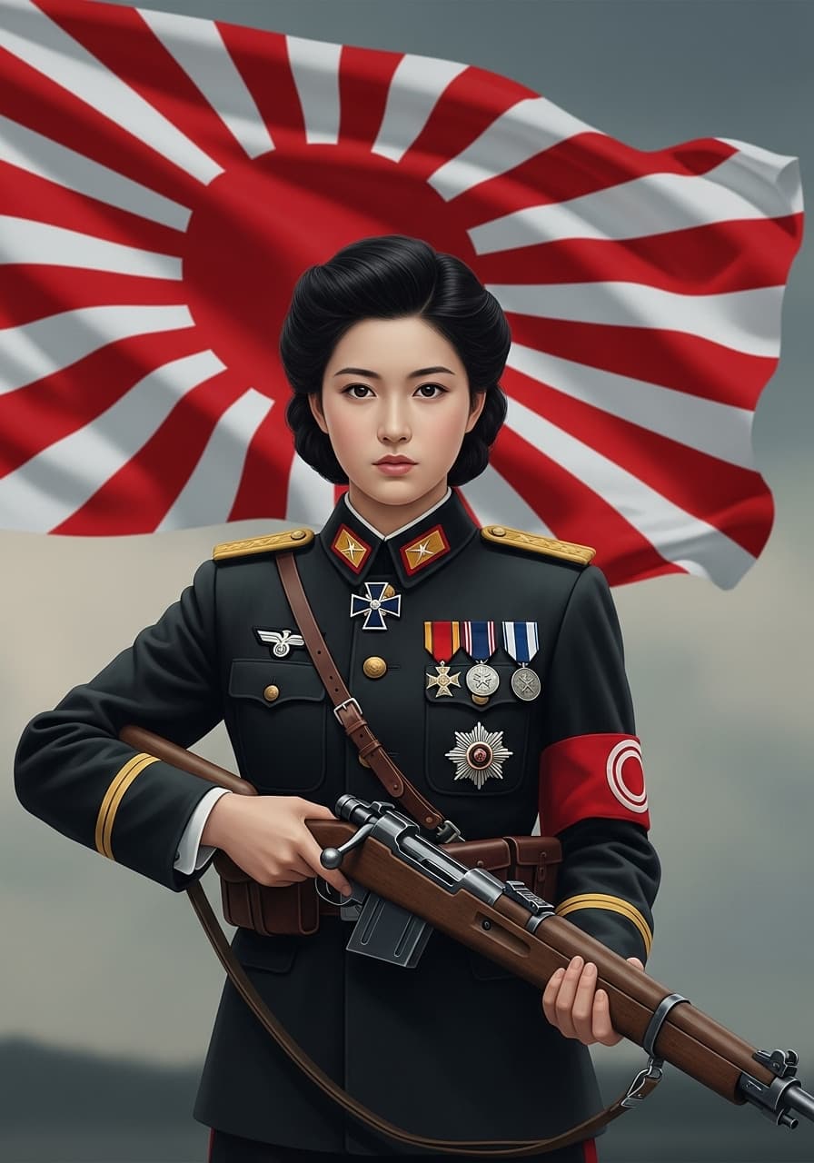 AI generated: Paint a beautiful japanese army girl,black hair,japanese empire ww2 officer uniform ,arisaka bolt ac...