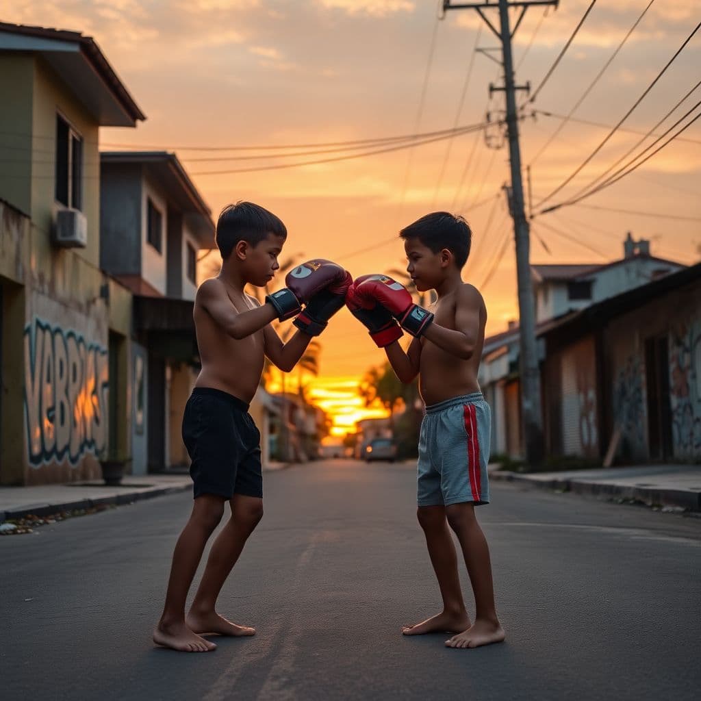 AI generated: Two 11-year-old boys, one slightly taller than the other, face off with boxing gloves in the middle ...