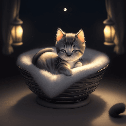 AI generated: Create a captivating image of a serene, little kitten nestled comfortably in a peaceful, nocturnal s...