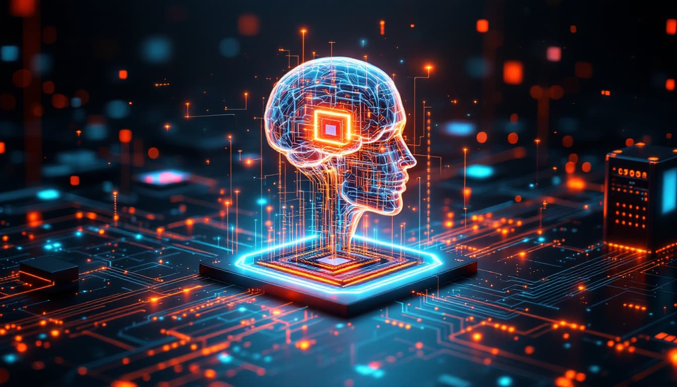 AI generated: make a 3d image with a futuristic design about deep learning, showing a holographic machine in the s...