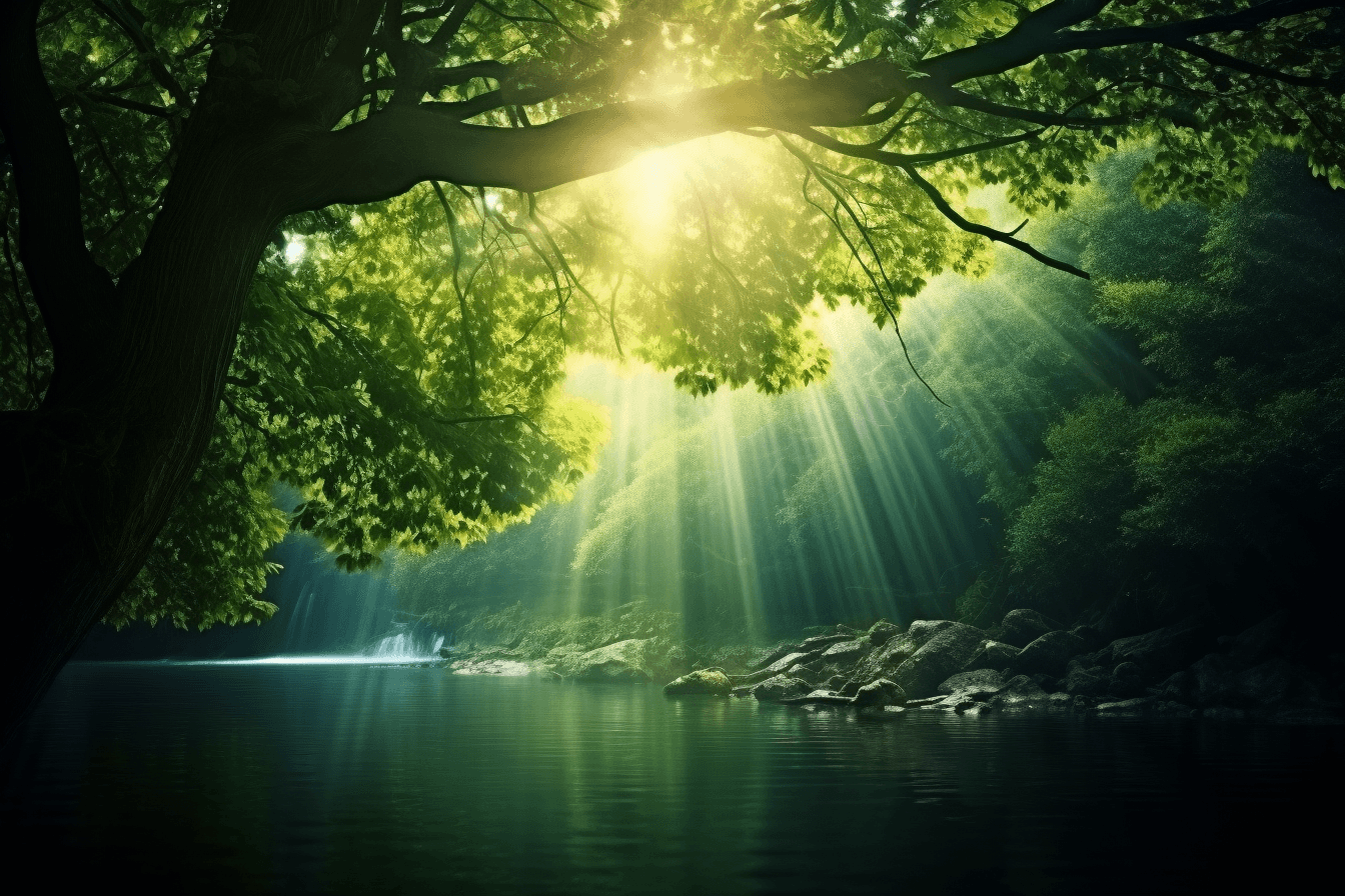 AI generated: nature wallpapers image collection — the world is green, in the style of god rays, twisted branches,...