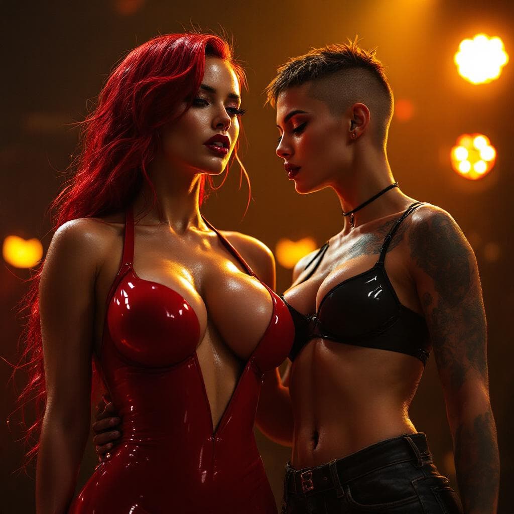 AI generated: 8K RAW cinematic portrait of TWO athletic women under golden stage lights, Canon EOS R5, 85mm f/1.2 ...