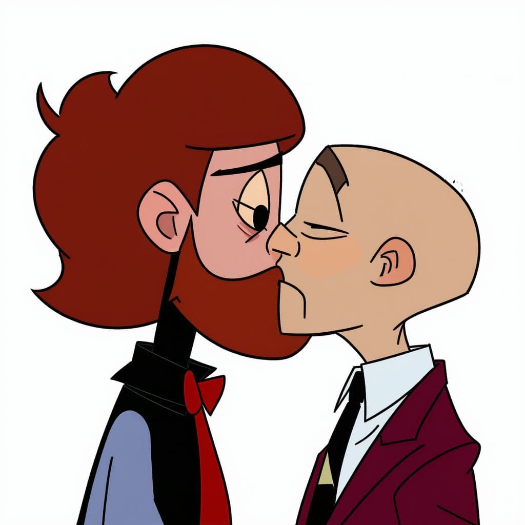 AI generated: High resolution photography Charlie morningstar from hazbin hotel kissing a 25 years old bald, brown...