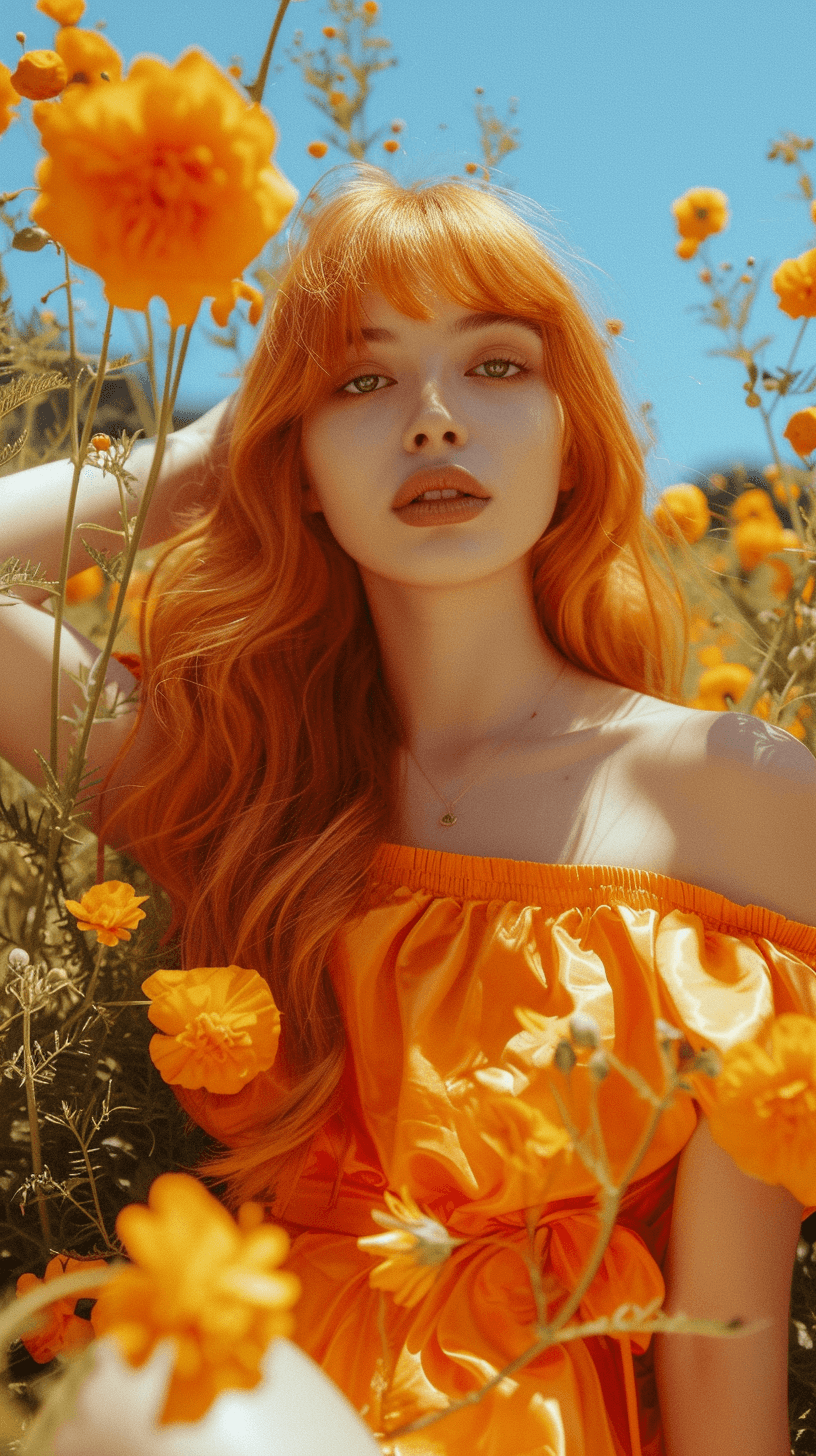 AI generated: beautiful fashion model with orange dress, and sitting on orange flowerbed, --ar 3:4