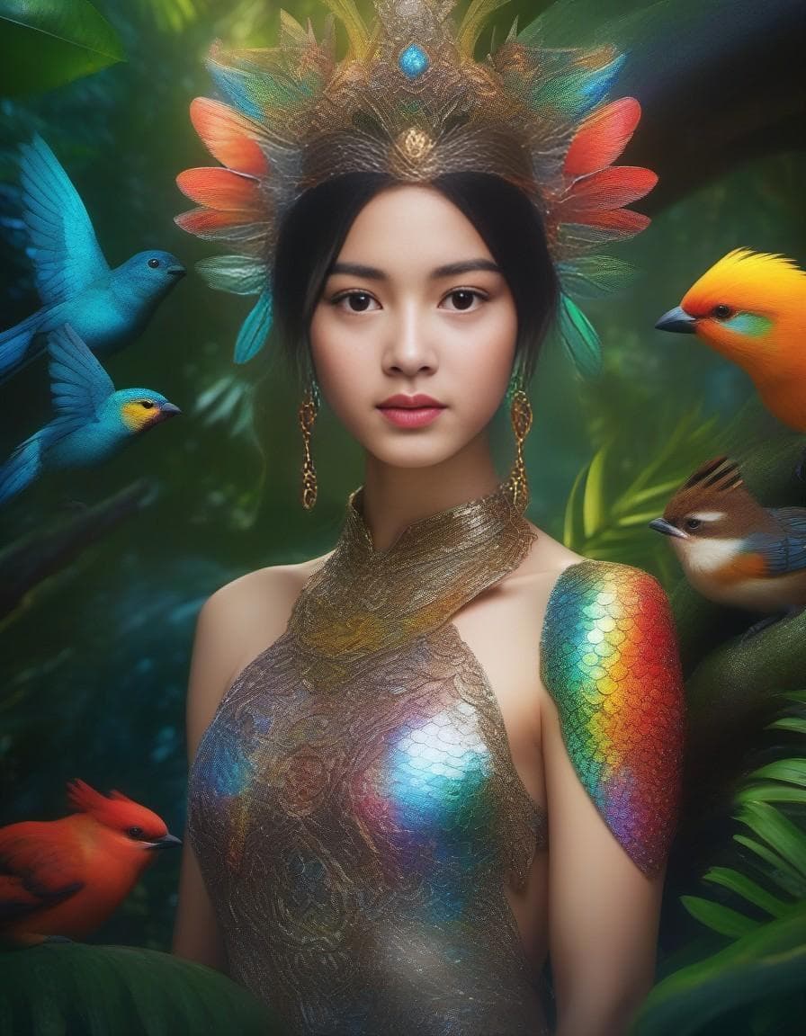 AI generated: This magnificent half human creature with rainbow iridescent skin color, shiny and sparkling, in the...