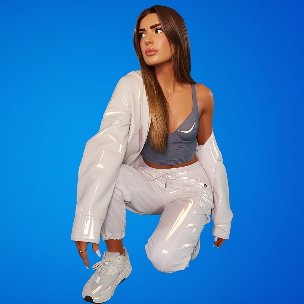 AI generated: Transform her into a stylized 3D Fortnite character. Same pose, same clothing.