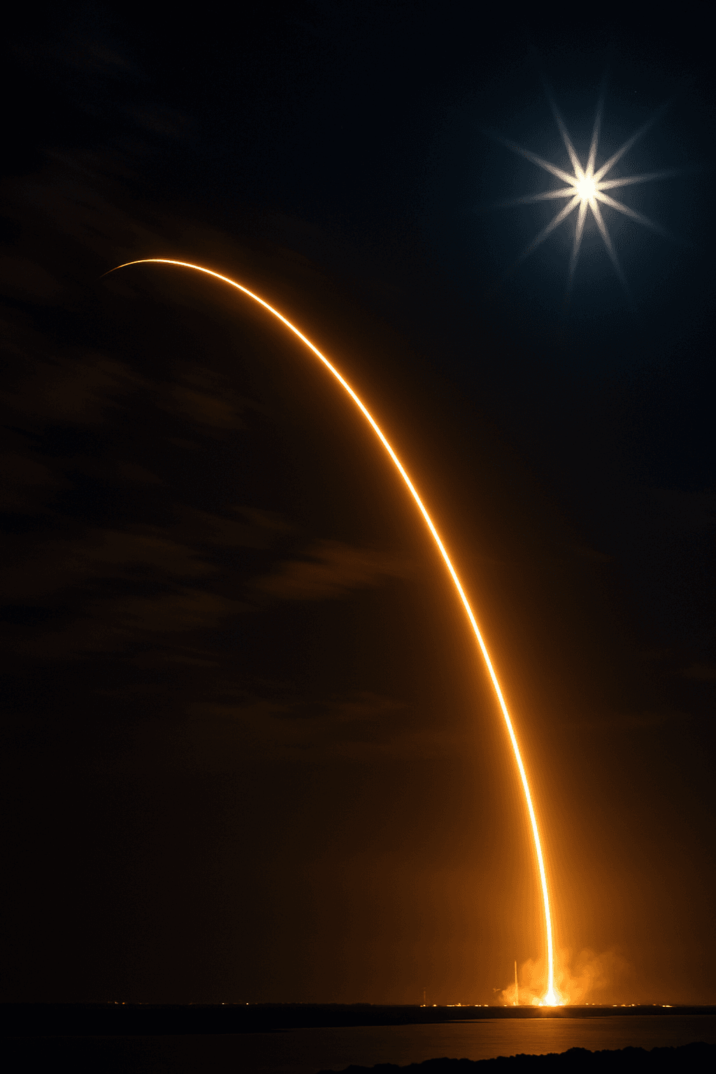 AI generated: long-exposure photograph captures a brilliant rocket launch against a dark night sky, illuminated by...