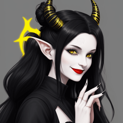 AI generated: YoungTiefling woman with a black dress, long white and black hair with two side buns, and black horn...