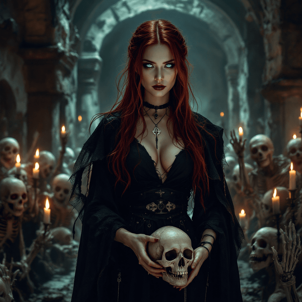 AI generated: A mysterious woman with long, dark auburn hair, often pulled back in a severe style. Her eyes are pi...