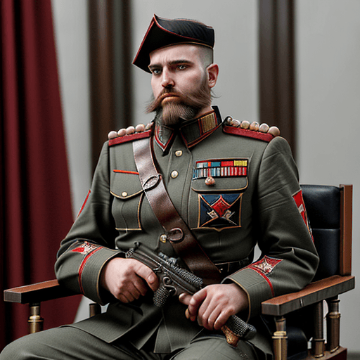 AI generated: all based on Warhhamer 40k, a man with short hair and beard, wearing a Commissar's outfit, holding a...