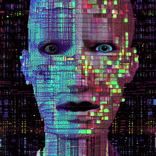 AI generated: datamoshed portrait of a scary robot. Glitchy, distorted, scary. Datamoshing art, impactful composit...
