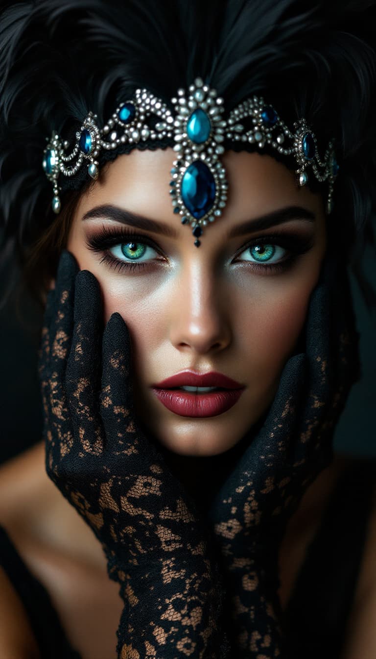 AI generated: Fine art portrait photography, warm yet dark tones, soft focus. A stylish supermodel in her early tw...