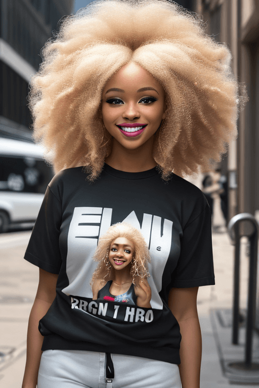 AI generated: street photography of a beautiful woman with blonde afro, smiling, edg90hh, urban wear,wearing edg90...