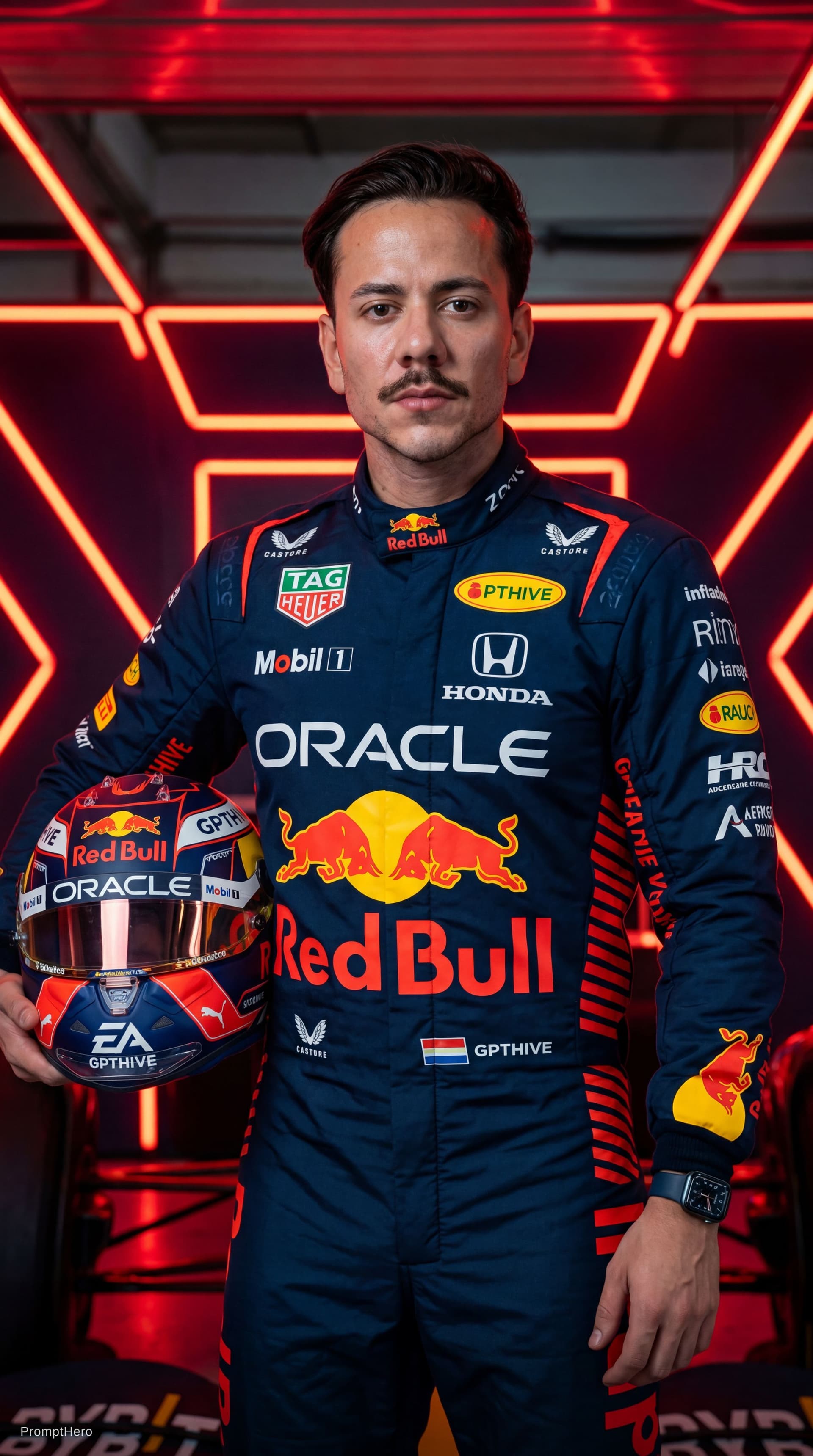 AI generated: Edit the uploaded photo (face based on the reference photo).A professional race car driver standing ...