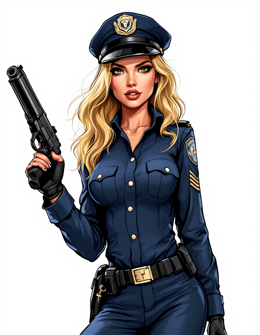 AI generated: Cartoon illustration of a gorgeous blonde woman, slightly-wavy long hair, in a police uniform holdin...