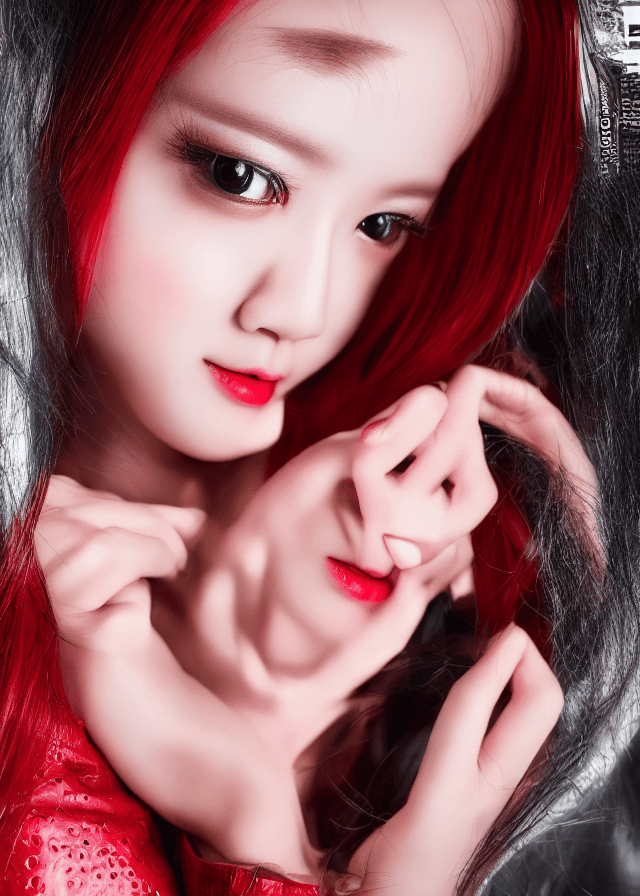 AI generated: Photo of a ultra realistic face, High resolution photography, 1 Korean female idol, red latex outfit...