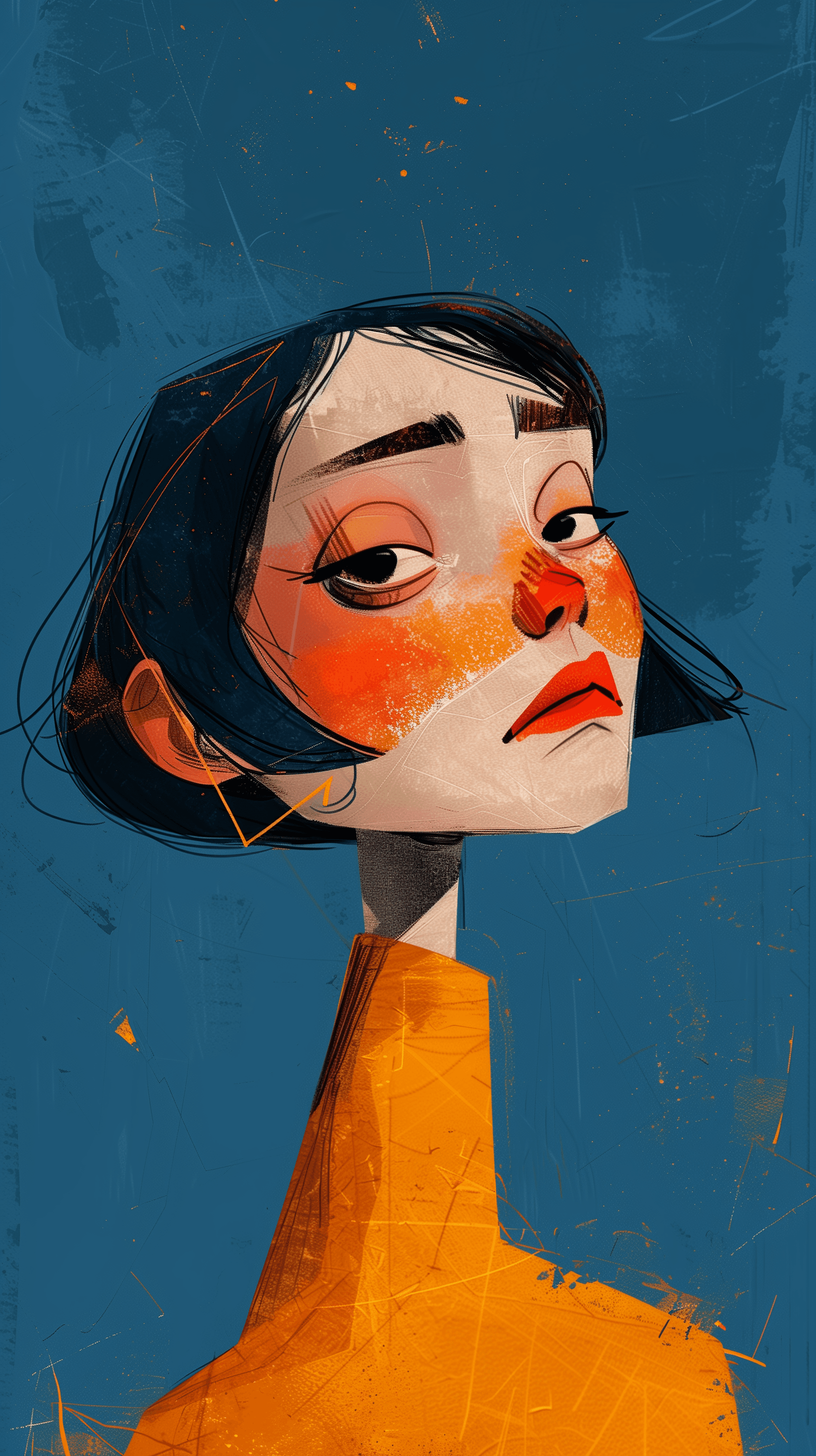 AI generated: illustration art, series of simple, colorful, woman, exaggerated features, against a solid deep blue...