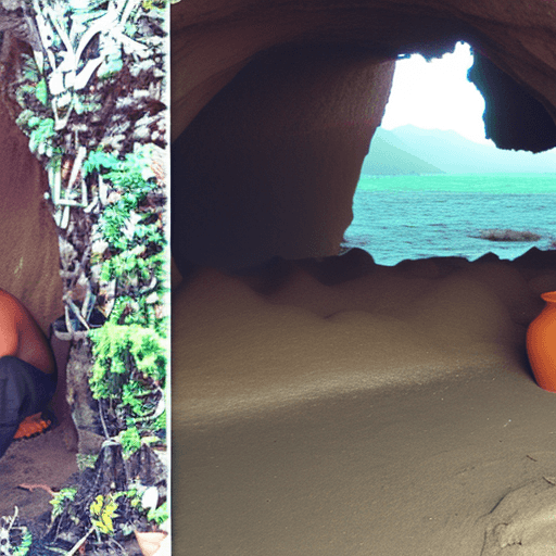AI generated: Bald person, sitting in cave near lagoon, making pots