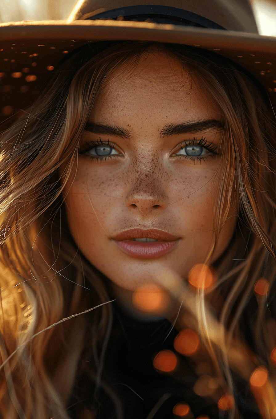 AI generated: portrait of beautiful woman with long hair wearing hat in the field, golden hour, sun rays, soft lig...