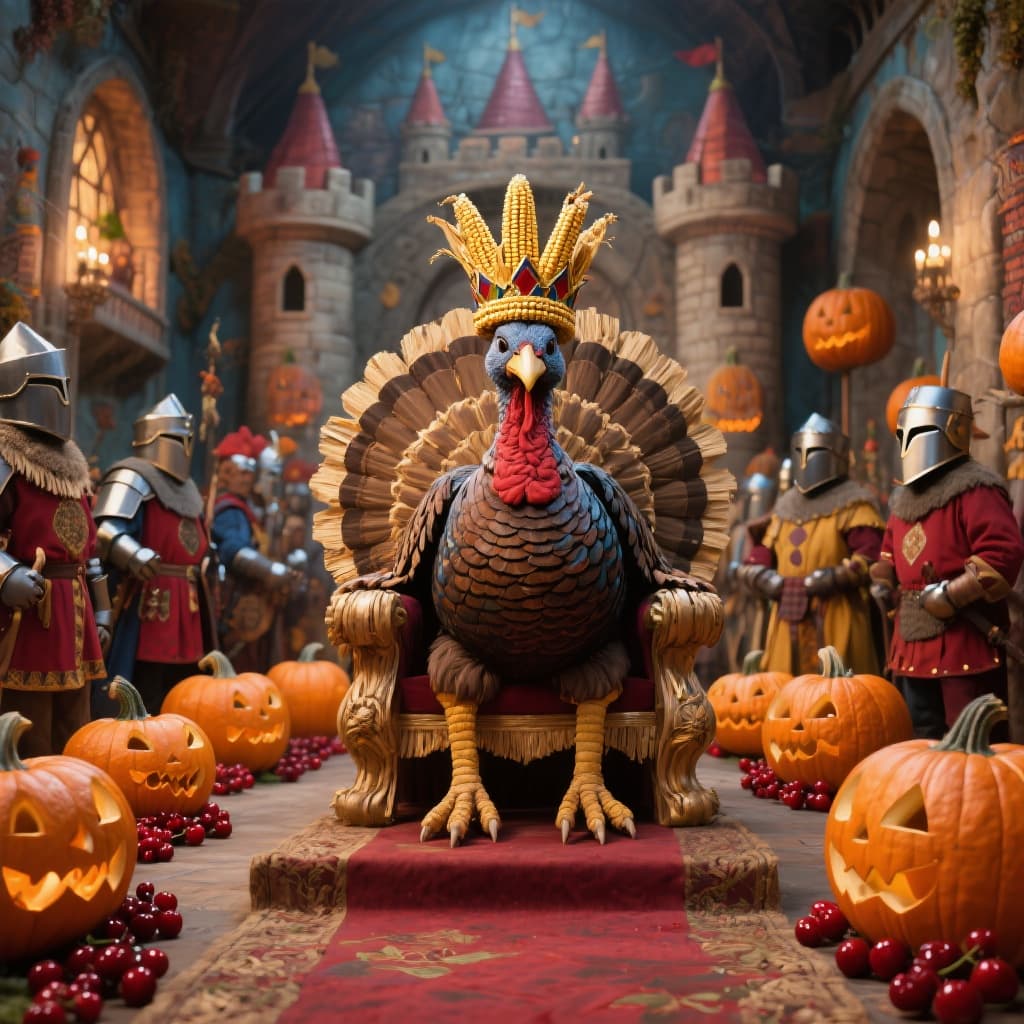 AI generated: The Turkey King’s Throne — a regal turkey wearing a crown of corn husks presides over a court of pum...