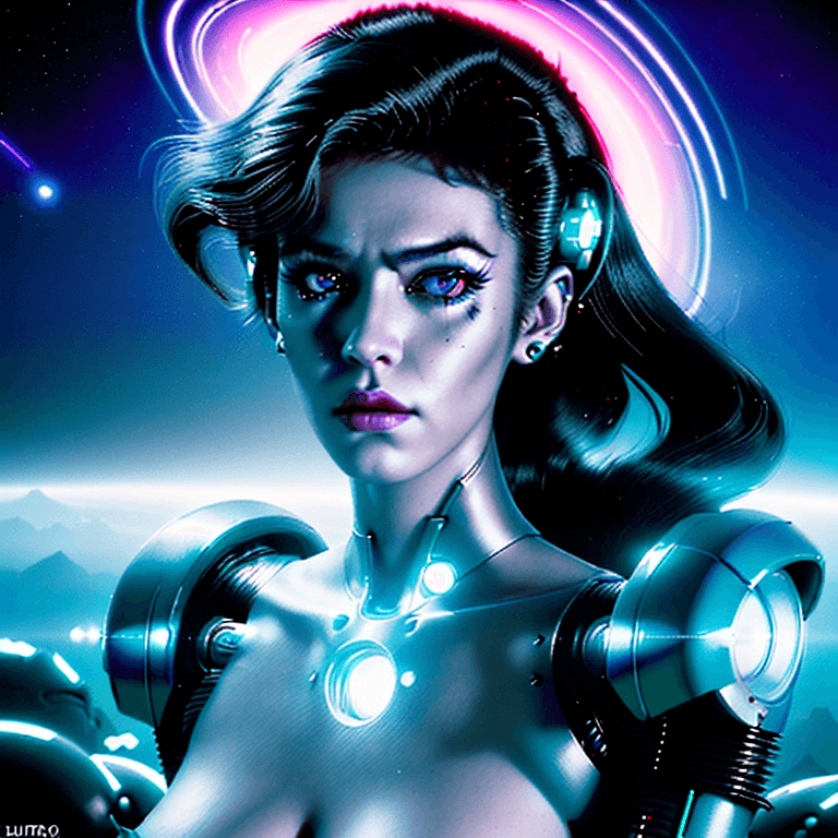 AI generated: a perfect Beautiful Amazing!! Masterpiece!! android female retrowave synthwave cyborg, space age, lo...