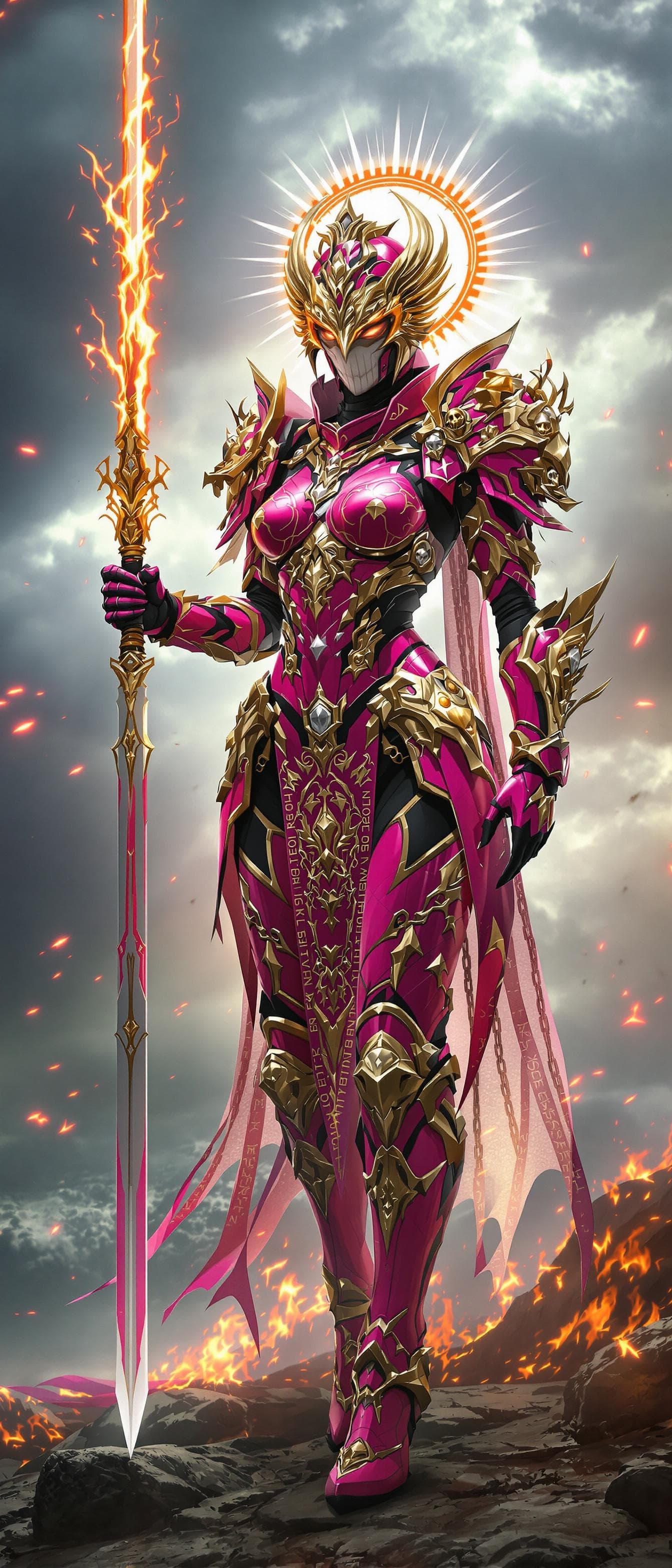 AI generated: Design a full-body depiction of a futuristic armored female warrior, styled as a regal yet battle-ha...