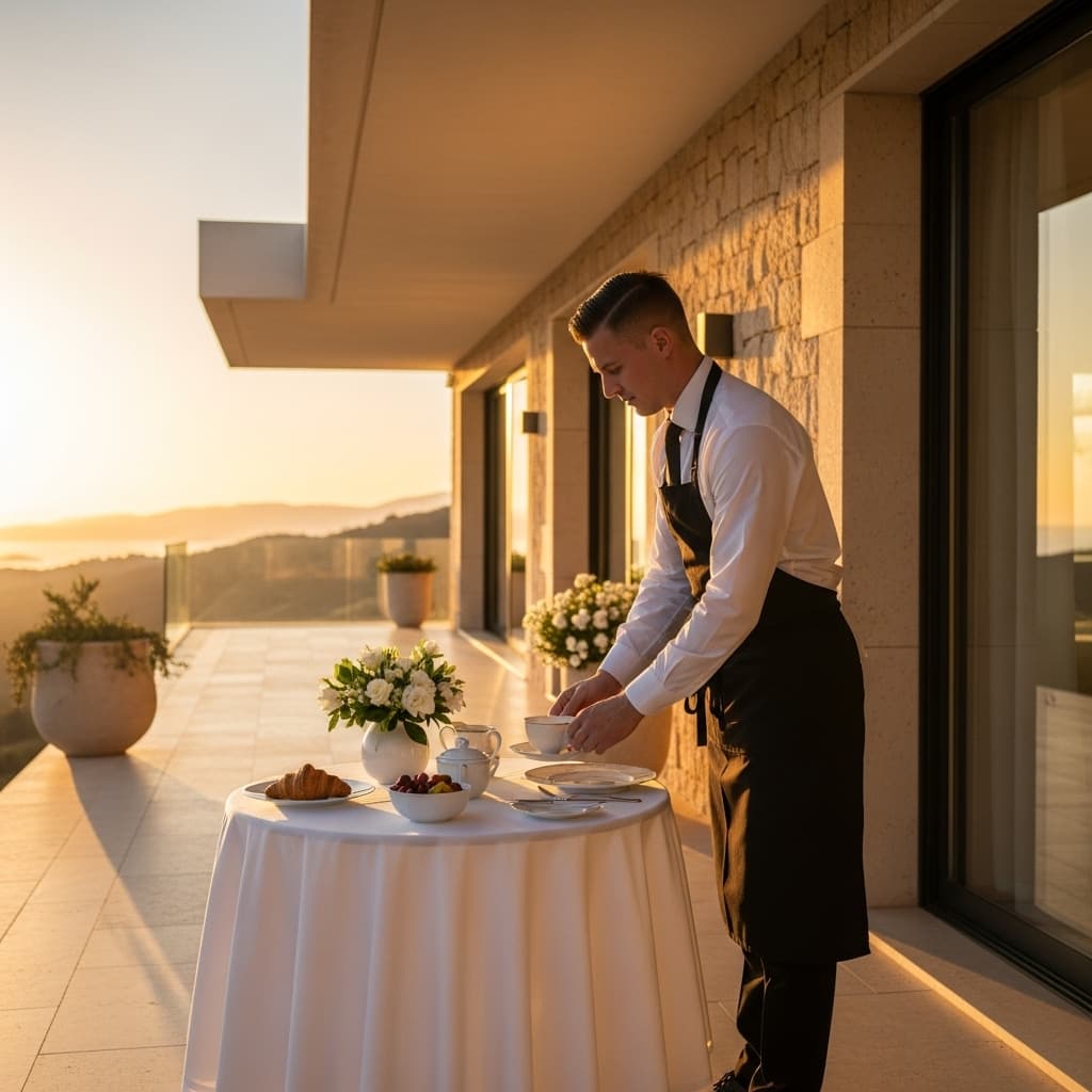 AI generated: “Vertical image - luxury villa scene at sunrise, a butler elegantly setting a breakfast table with w...