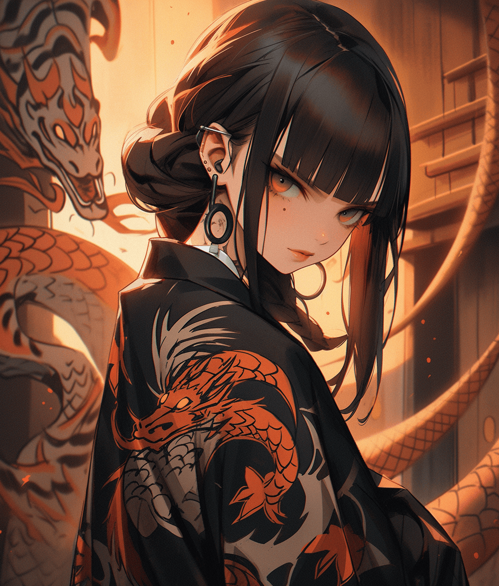 AI generated: a dark haired girl dressed in an asian style, in the style of subtle ink application, appropriation ...