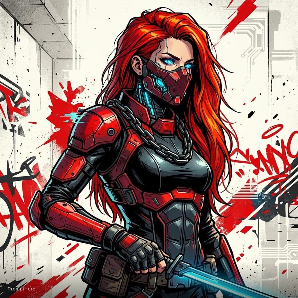 AI generated: A captivating digital artwork portrays a fierce female protagonist embodying a cyberpunk aesthetic. ...