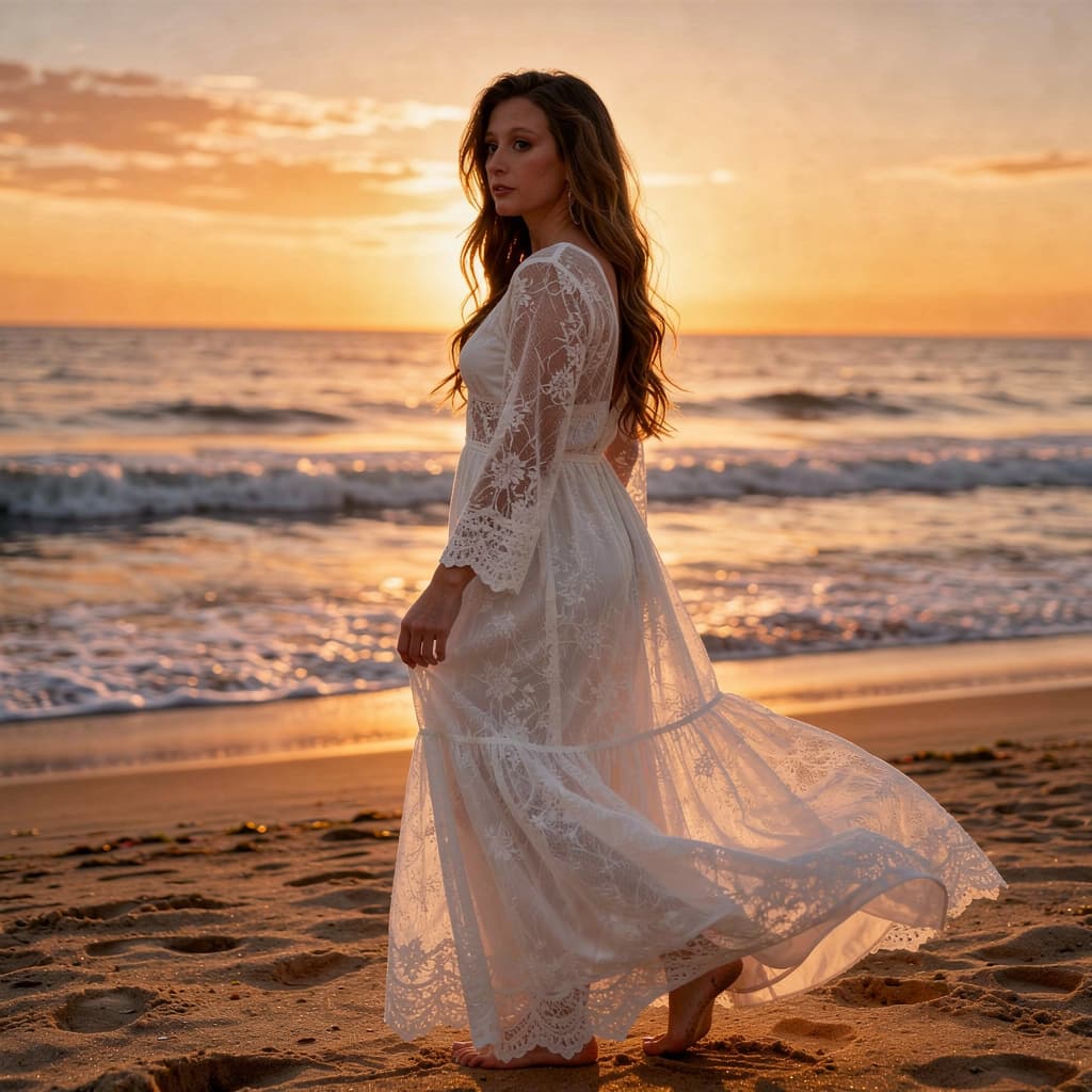 AI generated: This is a high-resolution, photographically realistic image of a Caucasian woman standing on a beach...