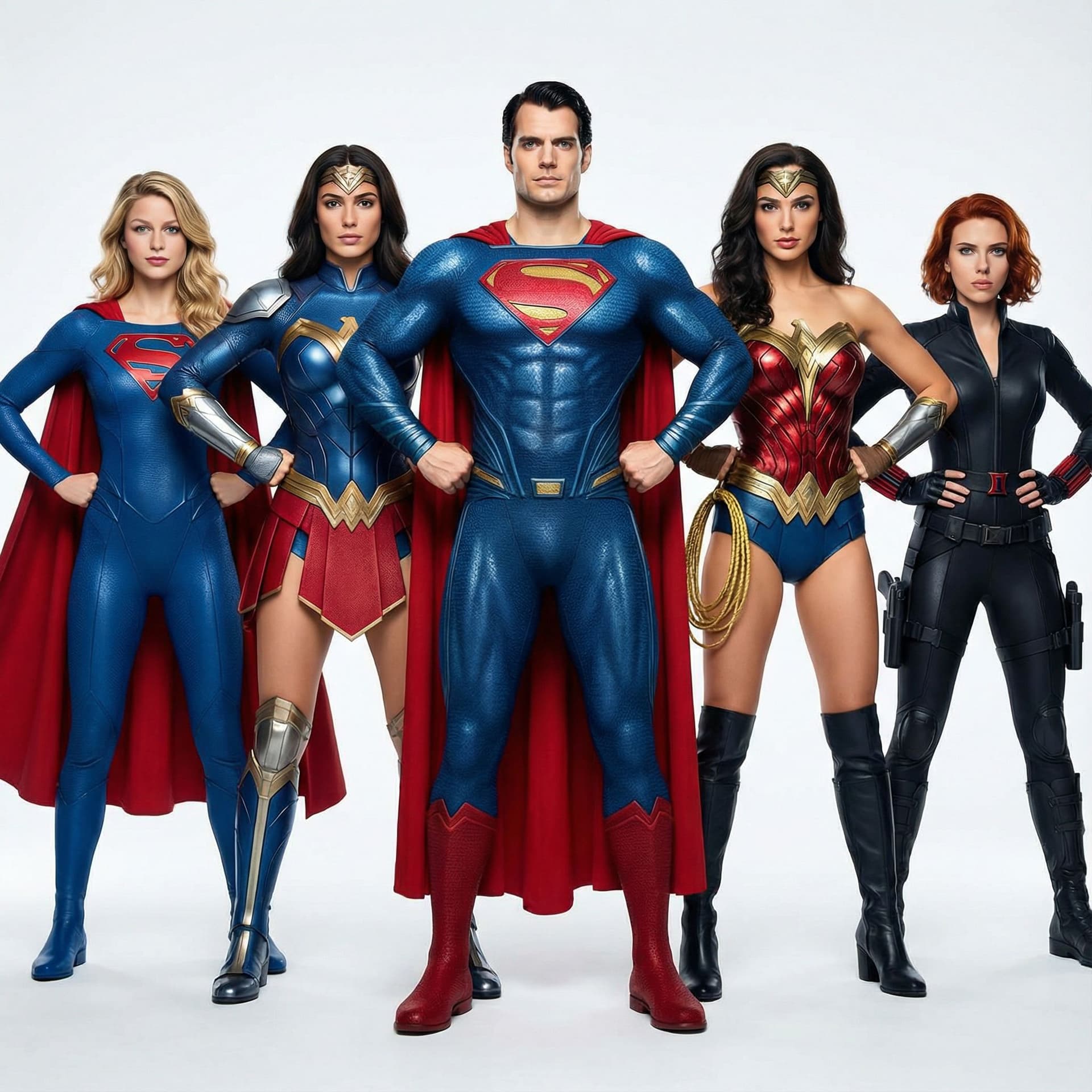 AI generated: A promotional image of five superheroes standing in a lineup against a white background. From left t...